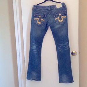 True Religion Blue Joey Super T Gold Sequin Flare Leg Jeans Size 27